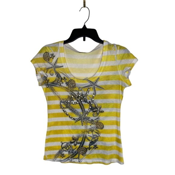 CACHE WOMEN'S YELLOW STRIPE EMBELLISHED UNDER THE SEA TEE SHIRT SZ S - Picture 1 of 4
